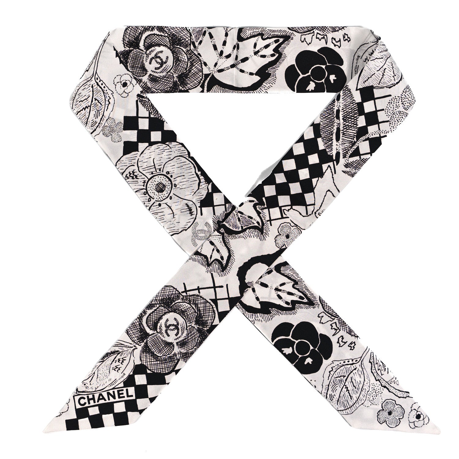 Chanel Silk CC Slim Bandeau Scarf White Black 1 of 3