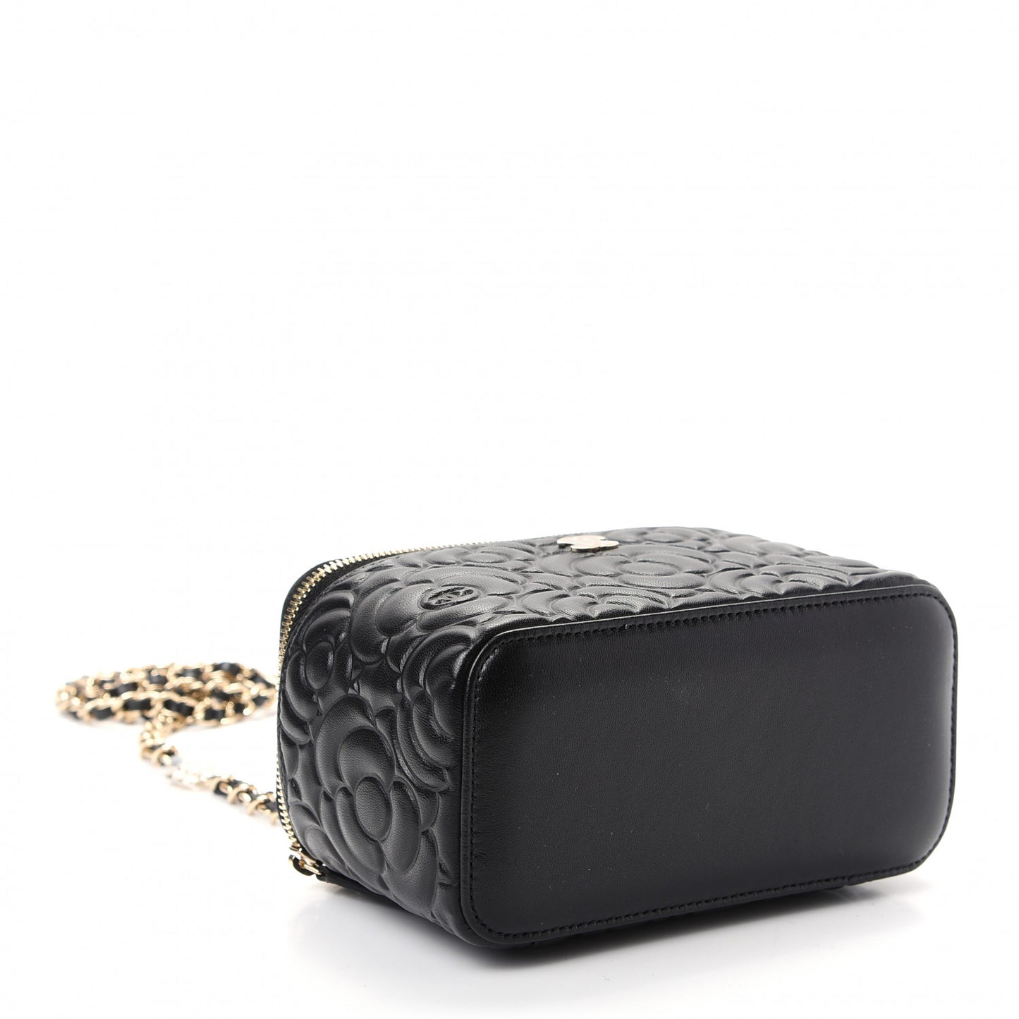 Goatskin Camellia Embossed Quilted Small Vanity Case With Chain Black