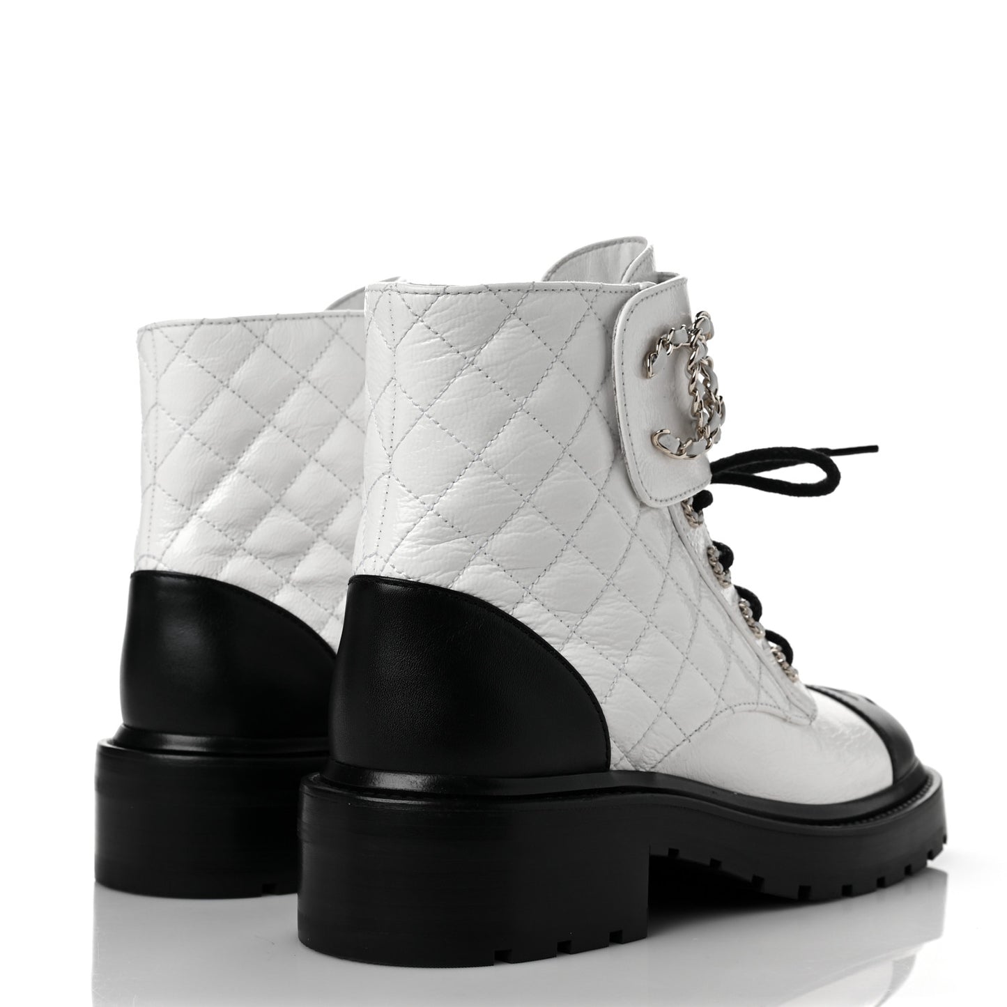 Shiny Goatskin Calfskin Quilted Lace Up Combat Boots 37 Black White