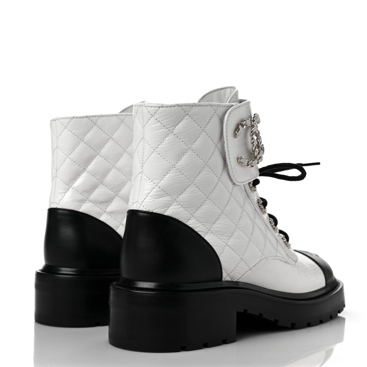 Chanel Shiny Goatskin Calfskin Quilted Lace Up Combat Boots 37 Black White 4 of 10