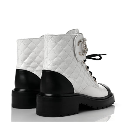 Chanel Shiny Goatskin Calfskin Quilted Lace Up Combat Boots 37 Black White 4 of 10