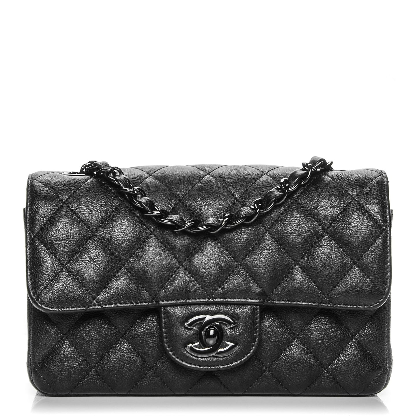 Crumpled Calfskin Quilted Mini Rectangular Flap So Black