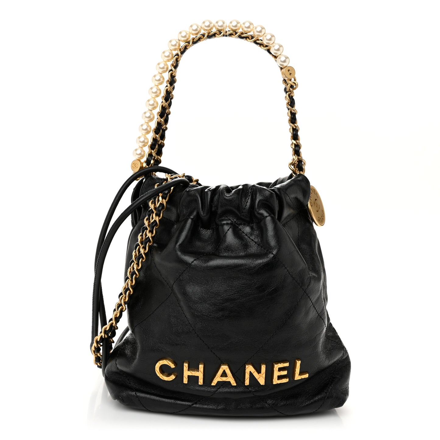 Shiny Crumpled Calfskin Quilted Pearl Mini Chanel 22 Black