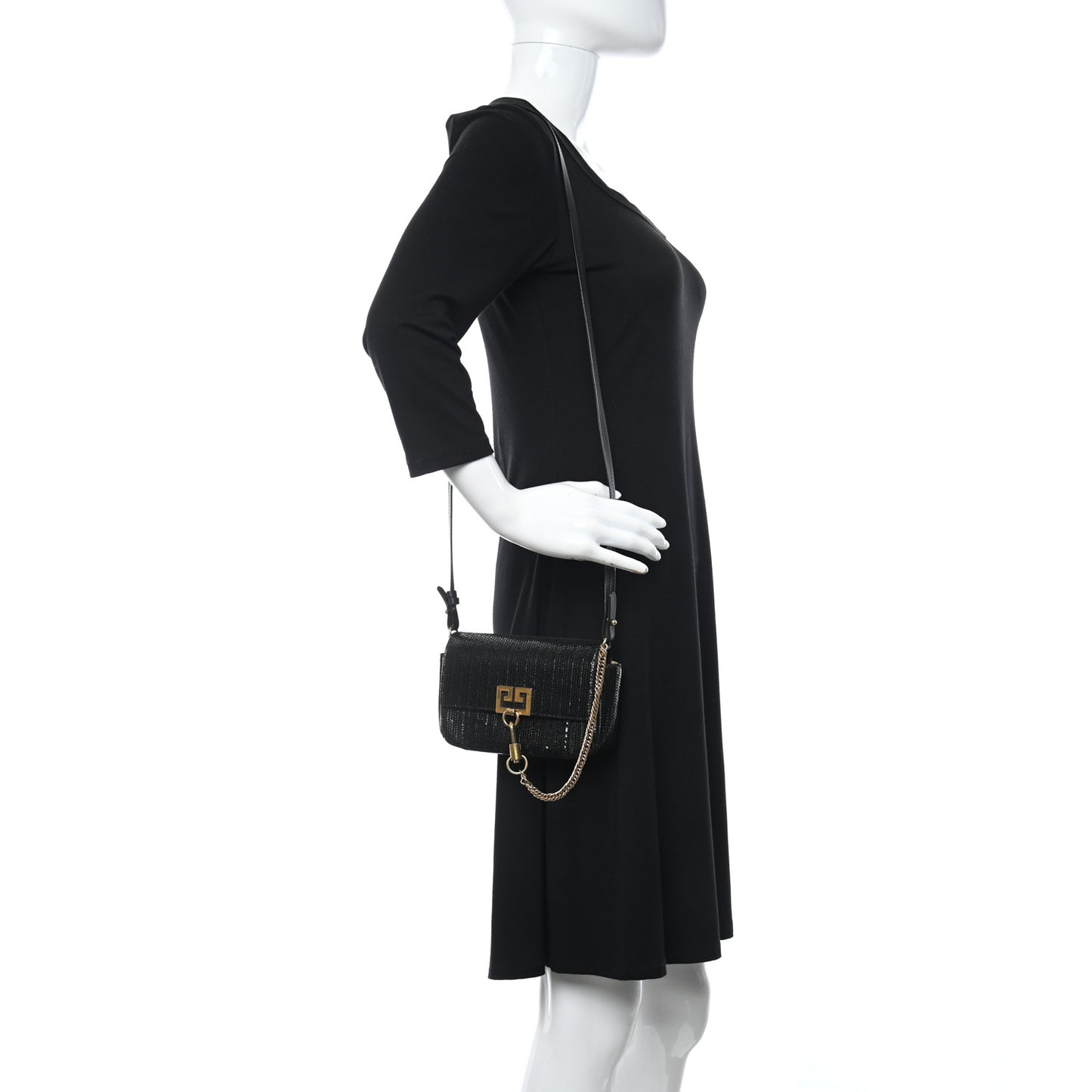 Calfskin Snakeskin Effect Charm Shoulder Bag Black