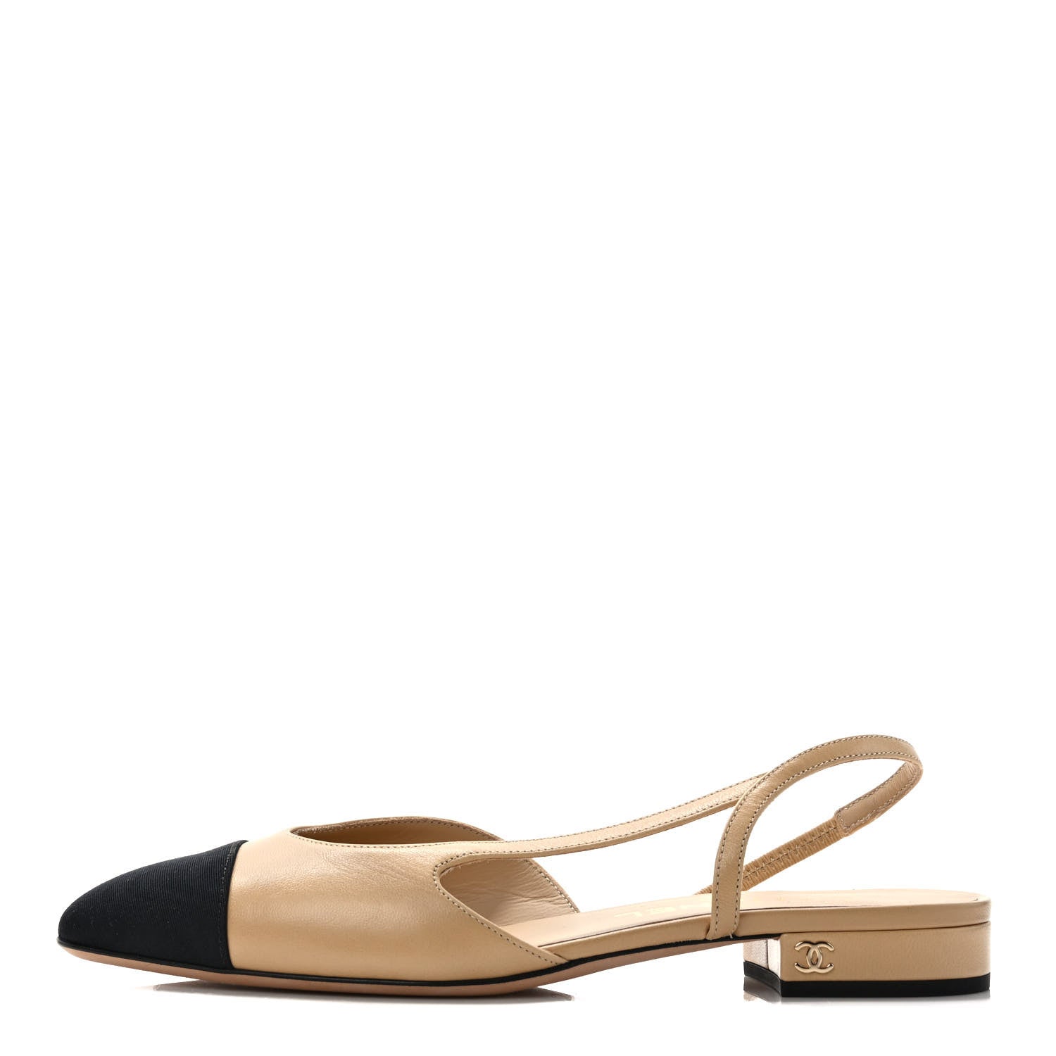 Chanel Goatskin Grosgrain Cap Toe CC Slingback Pumps 37.5 Beige Black 1 of 8