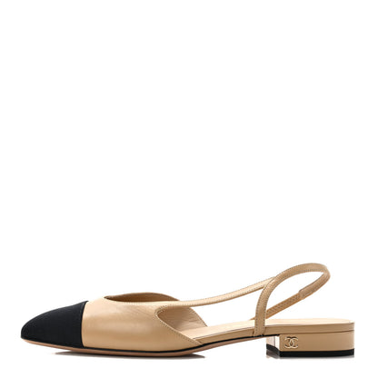 Chanel Goatskin Grosgrain Cap Toe CC Slingback Pumps 37.5 Beige Black 1 of 8