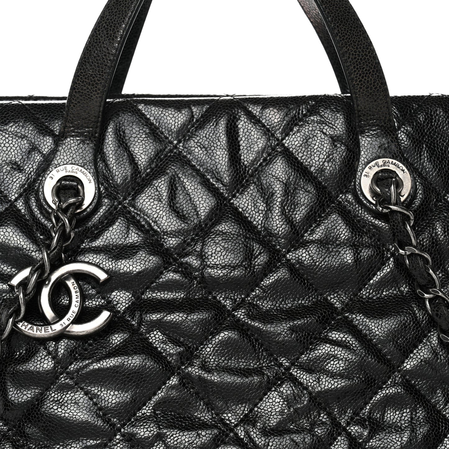 Crumpled Grained Calfskin Quilted CC Crave Tote Black