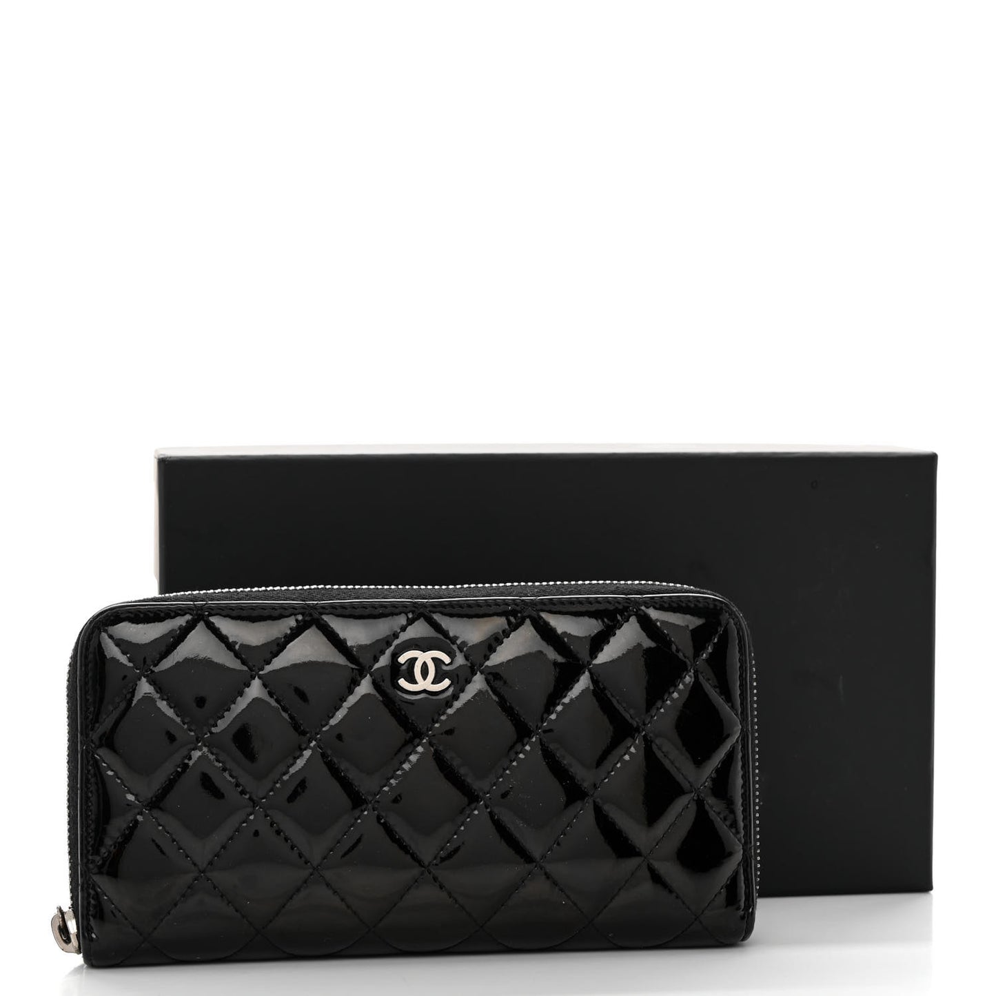 Patent Quilted Zip Around Wallet Black