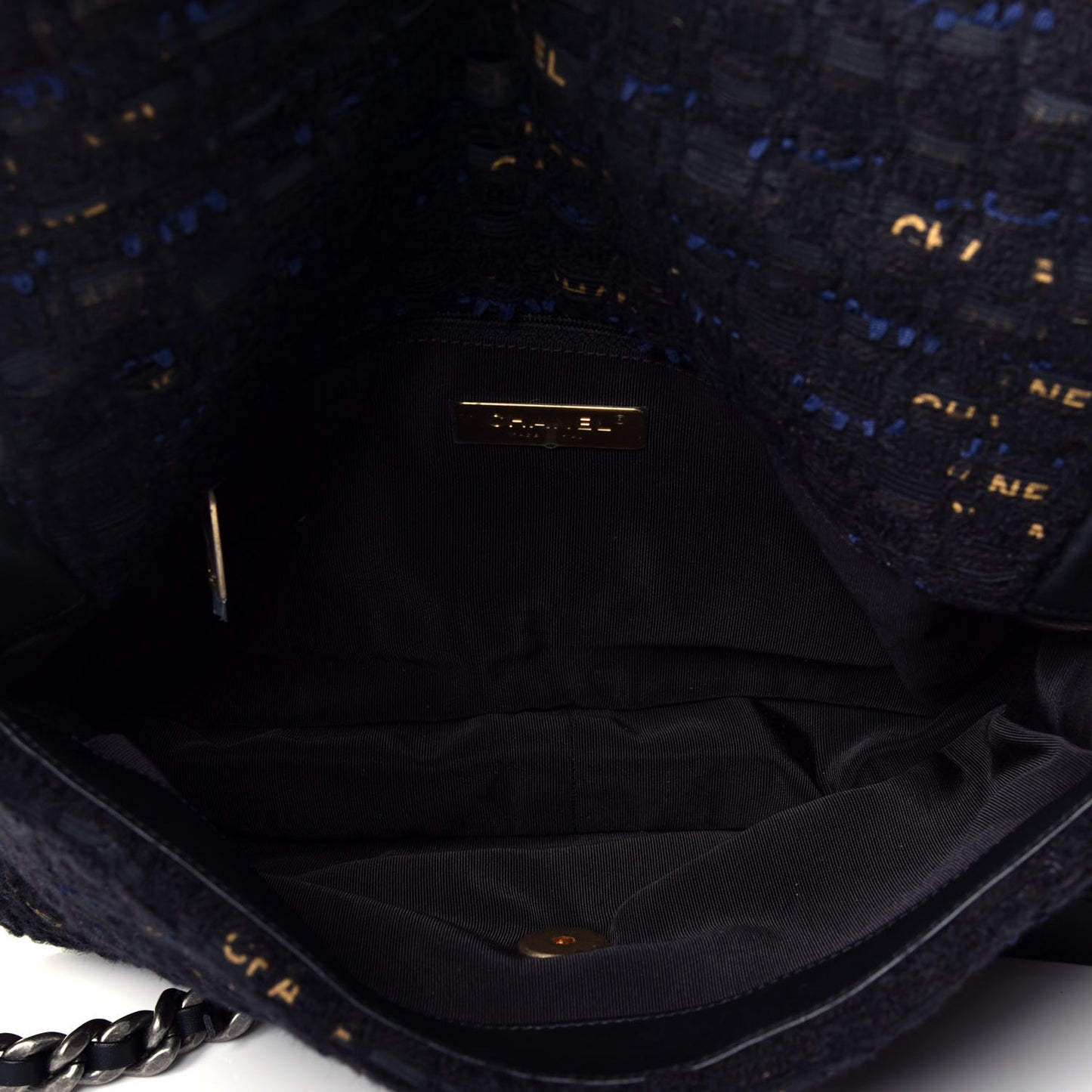 Tweed Quilted Large Chanel 19 Flap Black Navy Gold