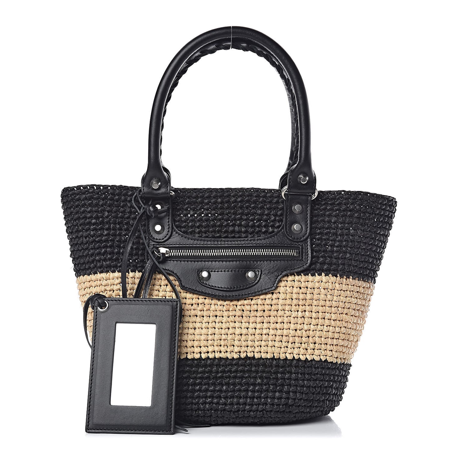 Raffia Bi-Color Panier Basket Tote Natural Black