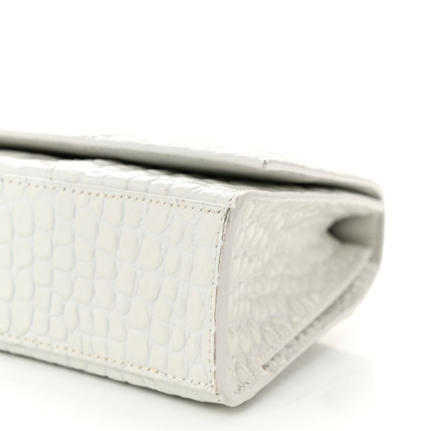 Shiny Calfskin Crocodile Embossed Tonal B Hourglass Stretch Top Handle Bag White