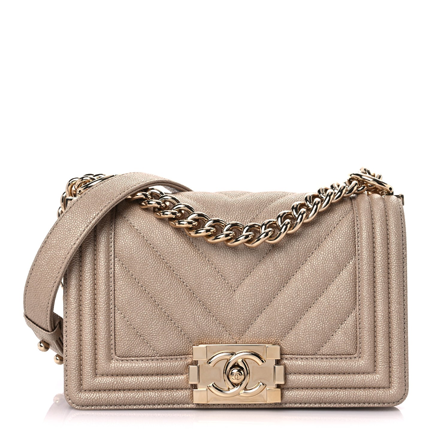 Metallic Caviar Chevron Quilted Small Boy Flap Light Beige