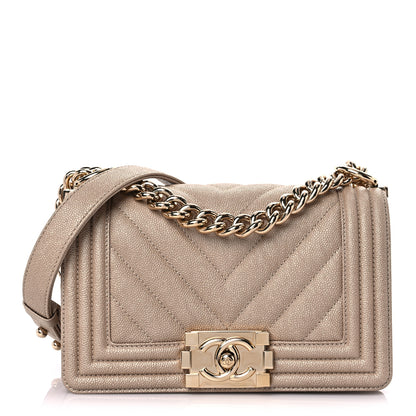 Chanel Metallic Caviar Chevron Quilted Small Boy Flap Light Beige 1 of 10