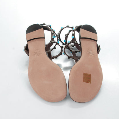 Valentino Garavani Calfskin Rockstud Rolling Ankle Wrap Flat Thong Sandals 36.5 Cacao 5 of 7