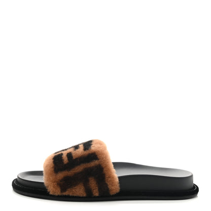 Fendi Shearling Macro FF Pool Slide Sandals 36.5 Scanbrown Black 1 of 8