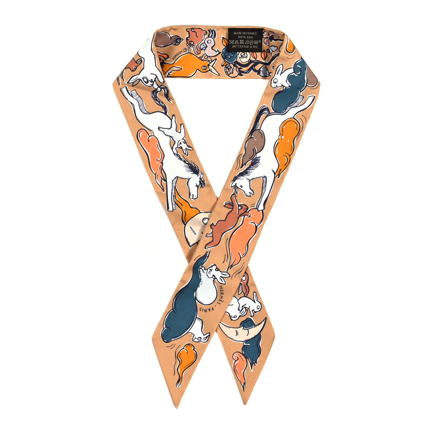 Hermes Silk Mille Et Un Lapins Twilly Beige Dore Abricot White 1 of 4