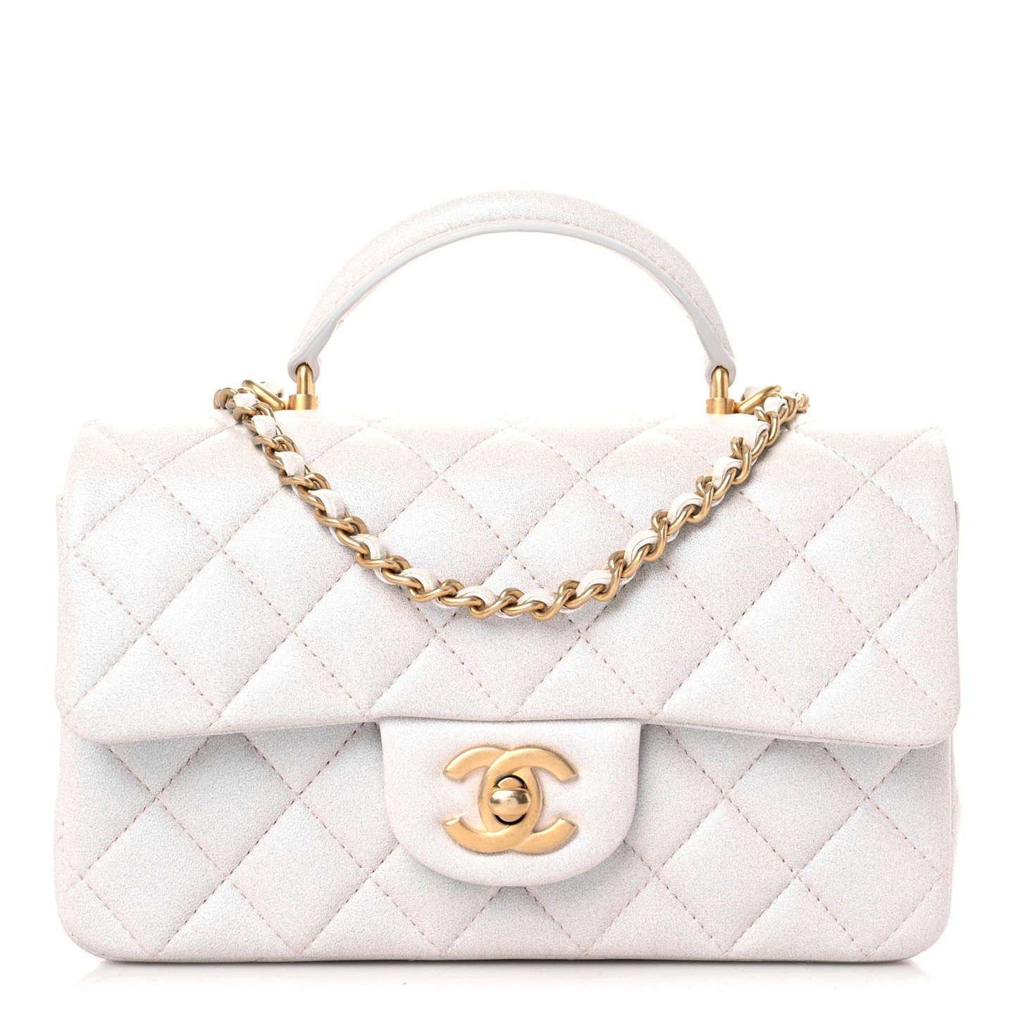 Iridescent Lambskin Quilted Mini Top Handle Rectangular Flap White