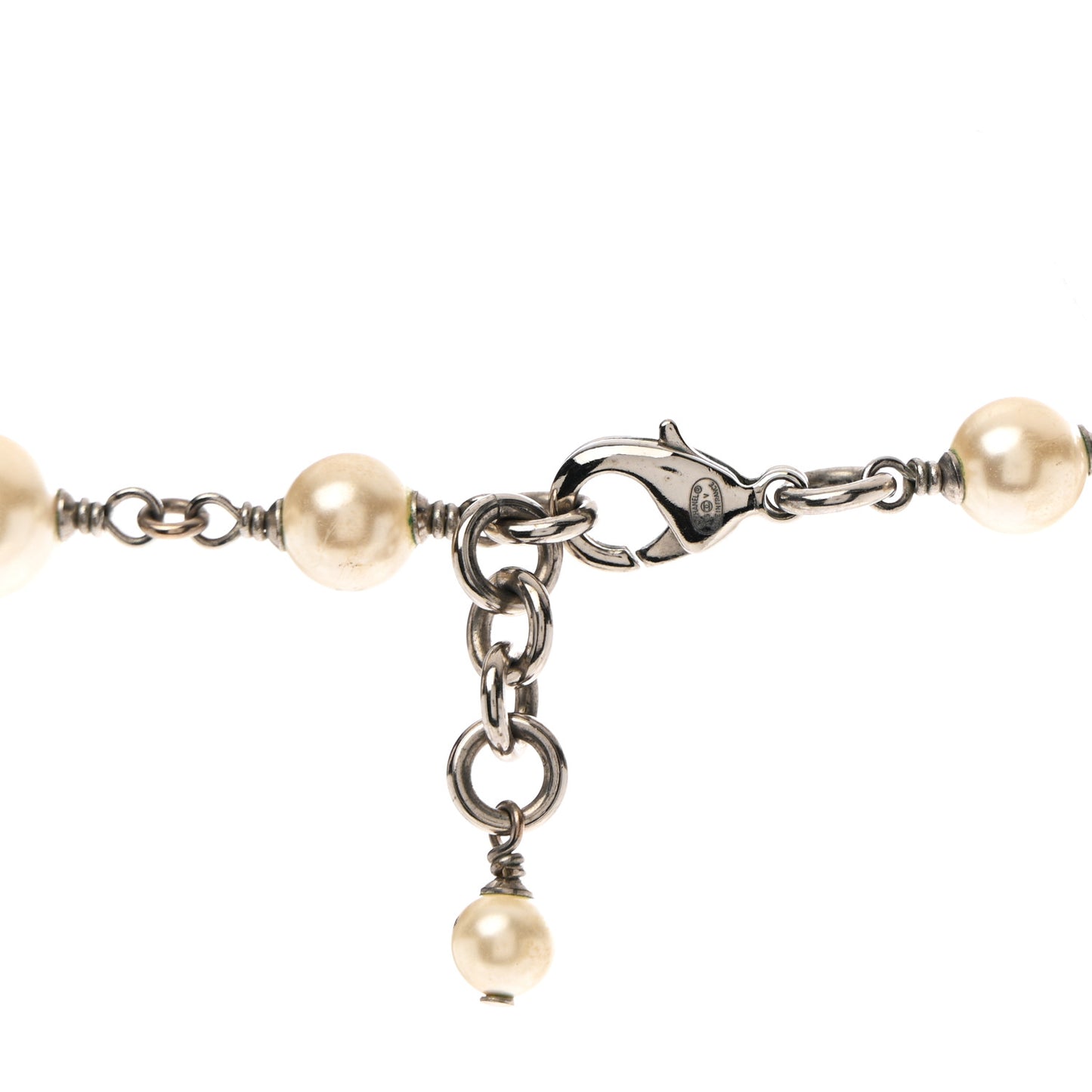Graduated Pearl Crystal CC Long Necklace Silver