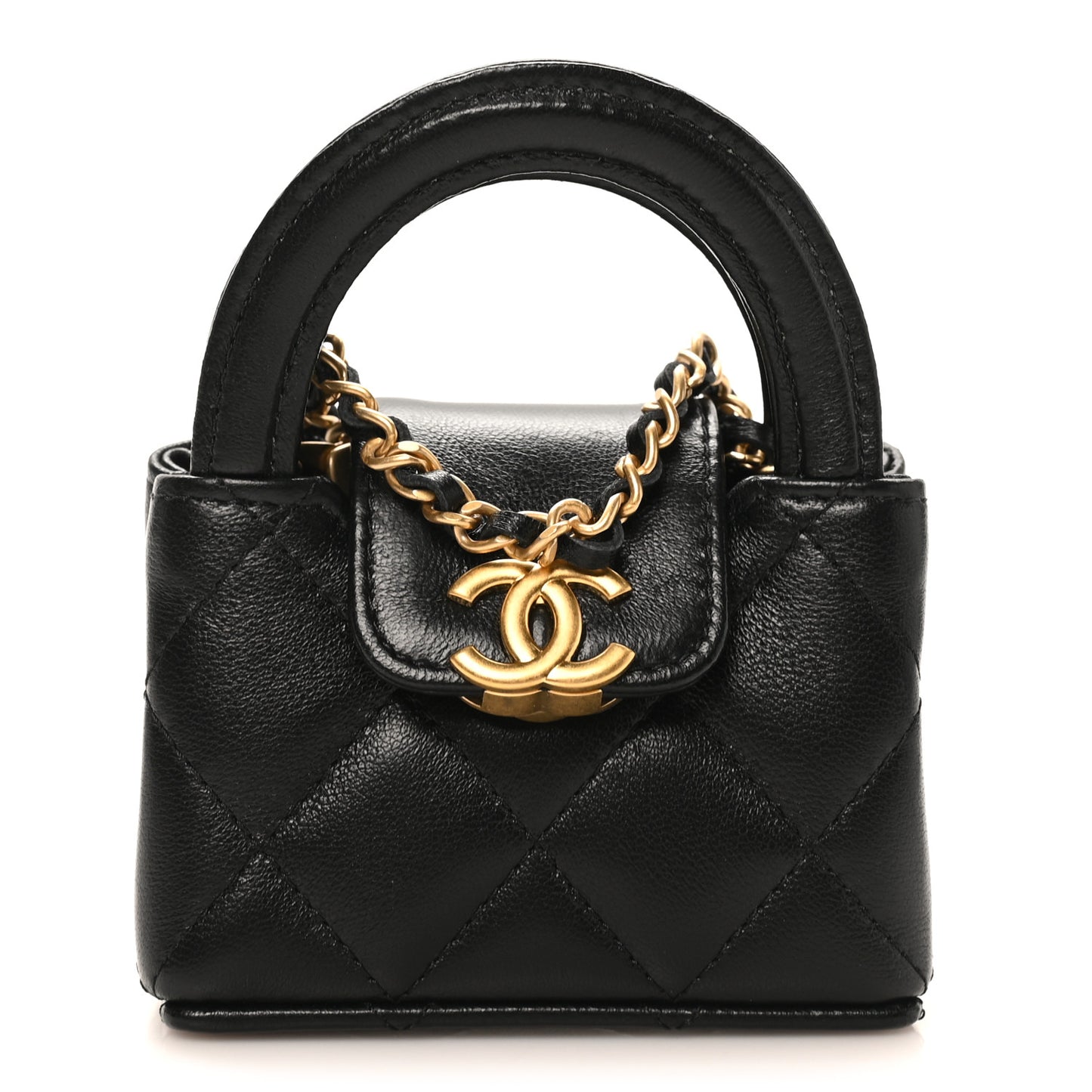 Shiny Lambskin Quilted Mini Kelly Bag Charm Black