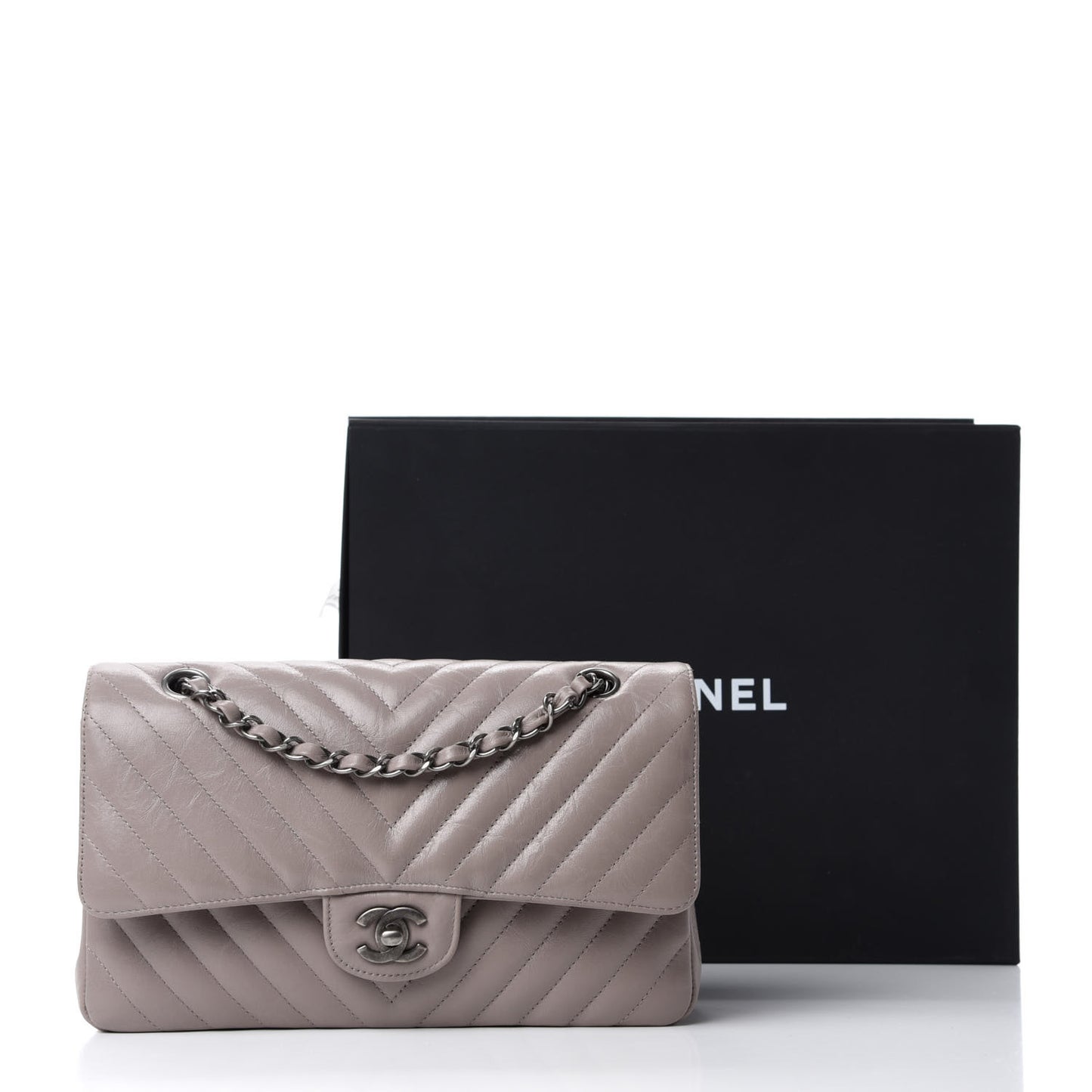 Iridescent Calfskin Chevron Quilted Medium Double Flap Grey