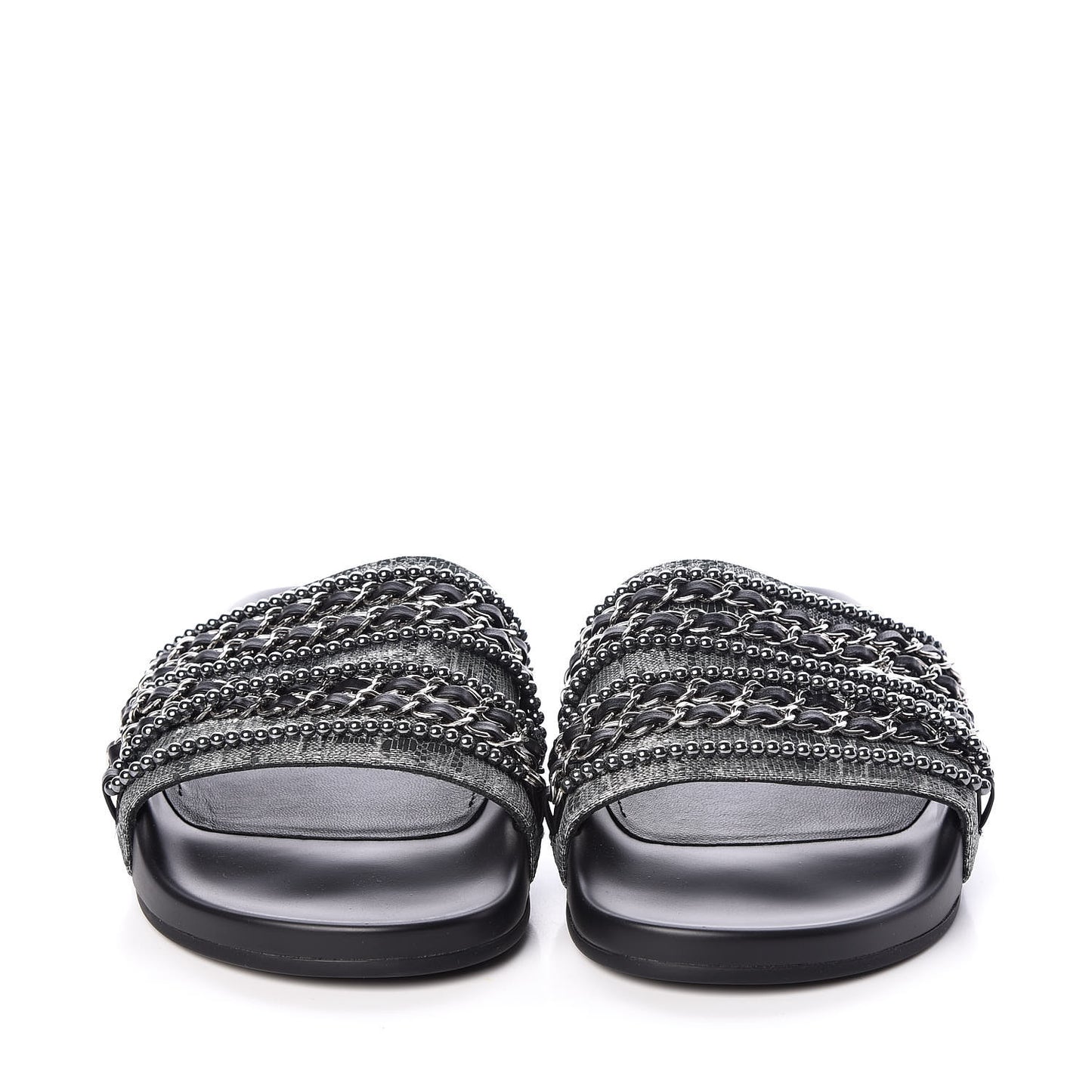 Fantasy Lambskin Pearl Chain CC Flat Mules 40 Silver Black