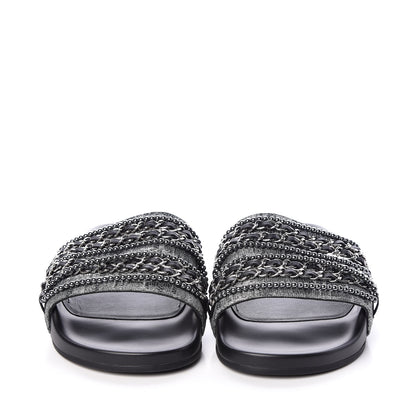 Chanel Fantasy Lambskin Pearl Chain CC Flat Mules 40 Silver Black 2 of 11