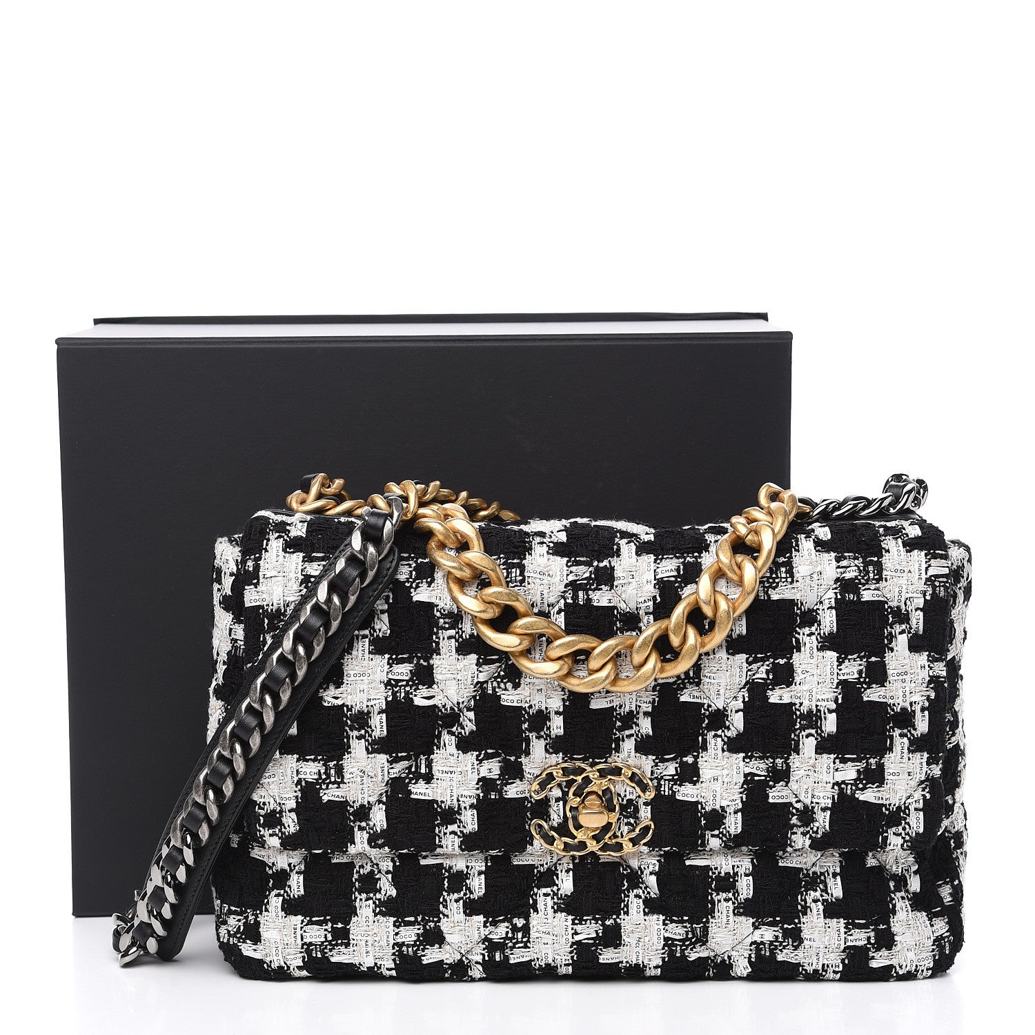Chanel Tweed Quilted Large 19 Flap Black Ecru White 10 of 10