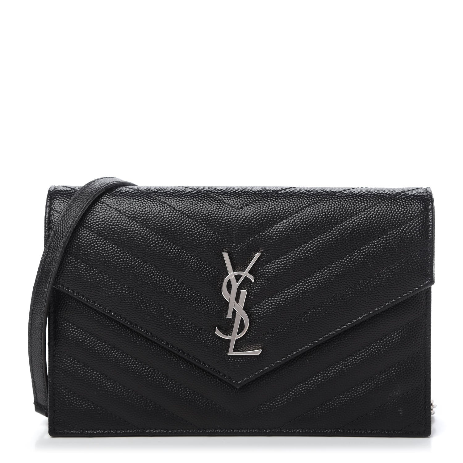 Saint Laurent Grain De Poudre Matelasse Chevron Monogram Envelope Chain Wallet Black 1 of 10