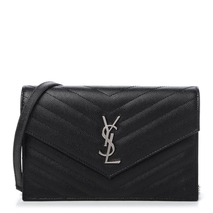Saint Laurent Grain De Poudre Matelasse Chevron Monogram Envelope Chain Wallet Black 1 of 10