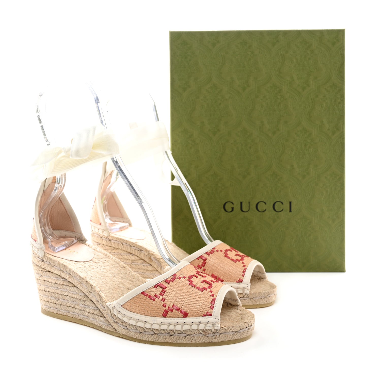 GG Raffia Monogram Ankle Wrap Platform Espadrille Wedge Sandals 38 Beige