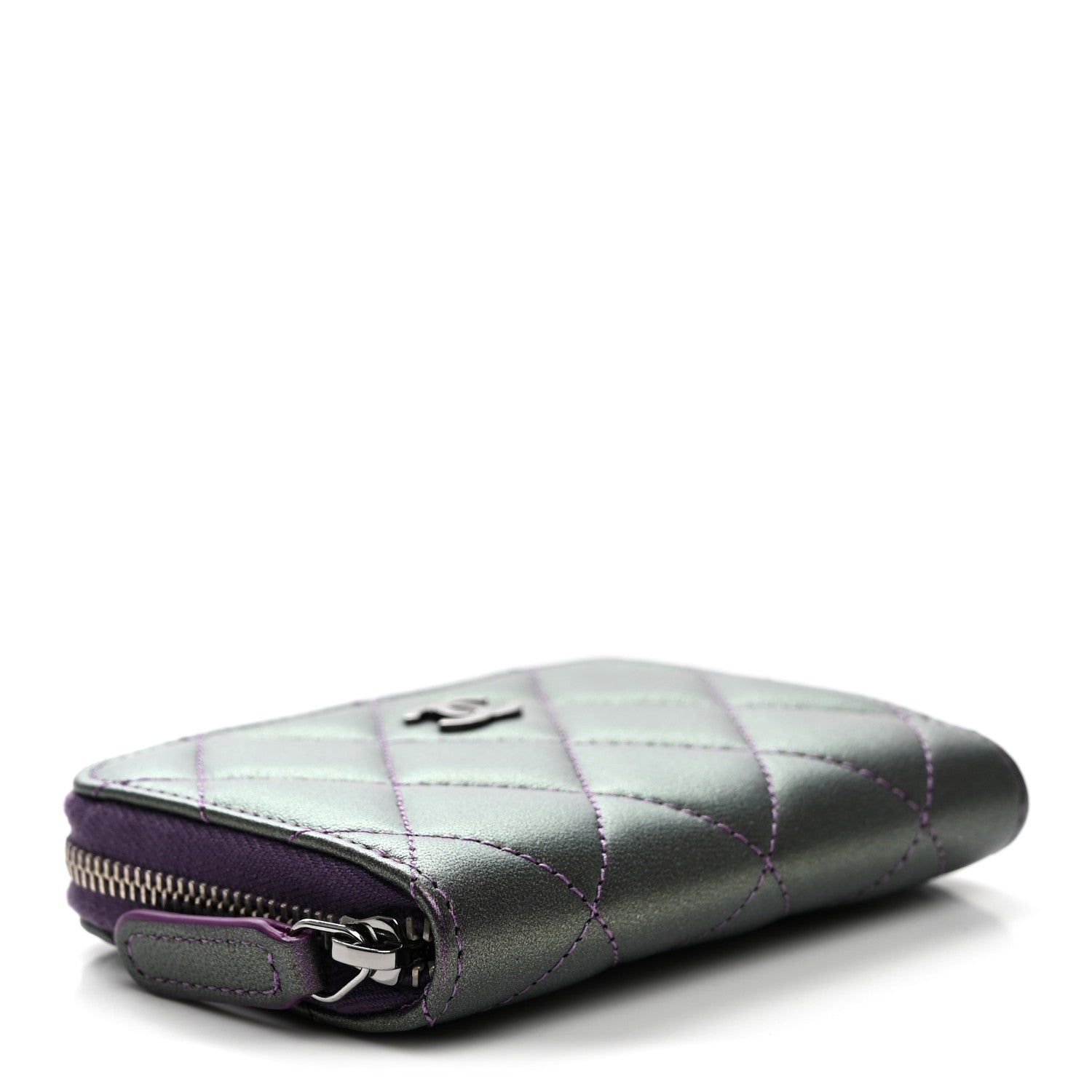 Chanel Metallic Lambskin Quilted Zip Around Coin Purse Wallet Dark Purple 4 of 8