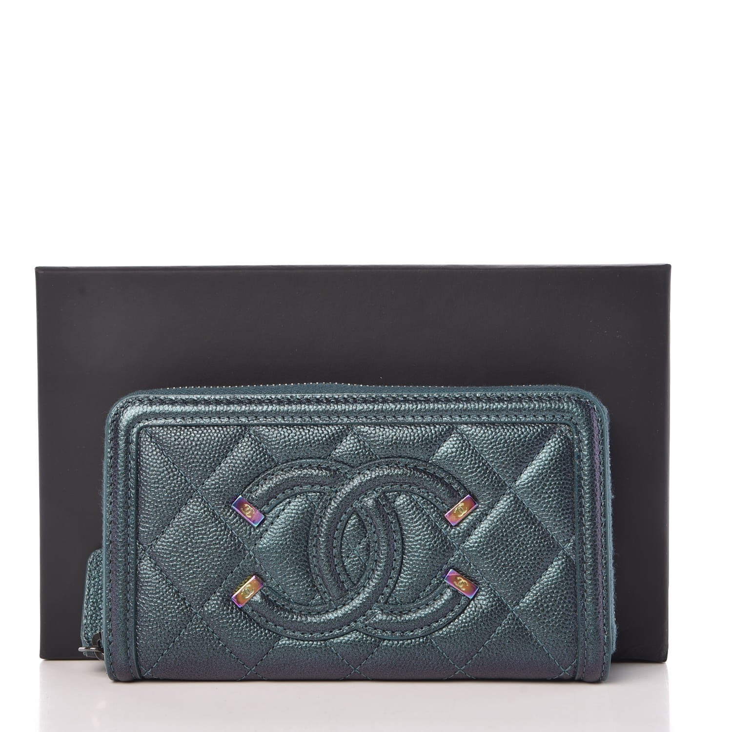 Chanel Iridescent Caviar Quilted Medium Filigree Zip Around Wallet Dark Turquoise 9 of 9