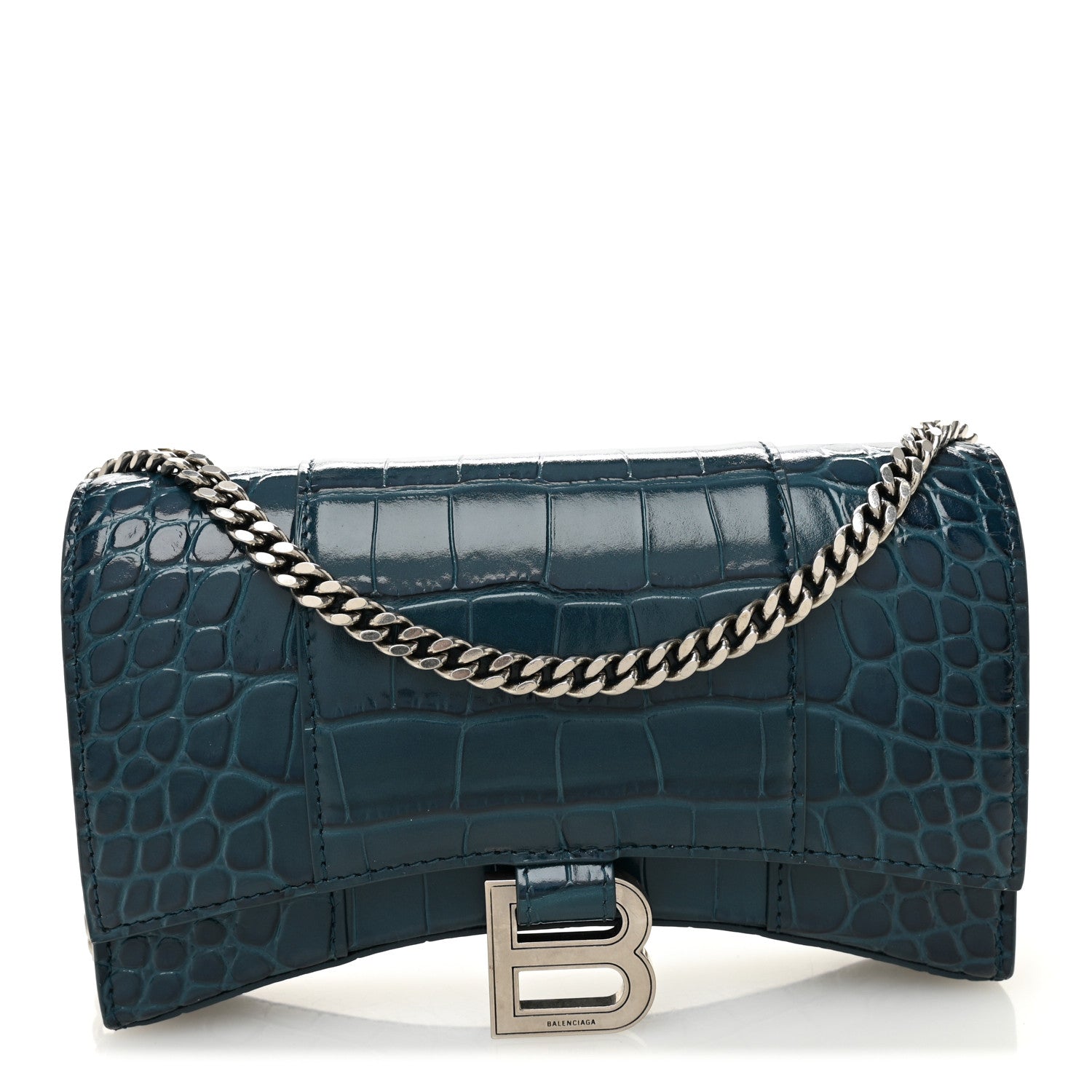 Balenciaga Shiny Calfskin Crocodile Embossed Hourglass Chain Bag Dark Petrol Blue 1 of 9