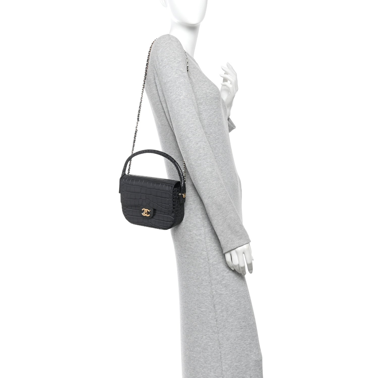 Chanel Calfskin Crocodile Embossed Turn Around Mini Flap Dark Grey 2 of 11