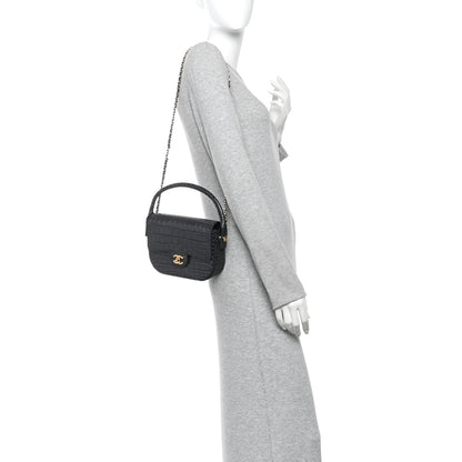 Chanel Calfskin Crocodile Embossed Turn Around Mini Flap Dark Grey 2 of 11