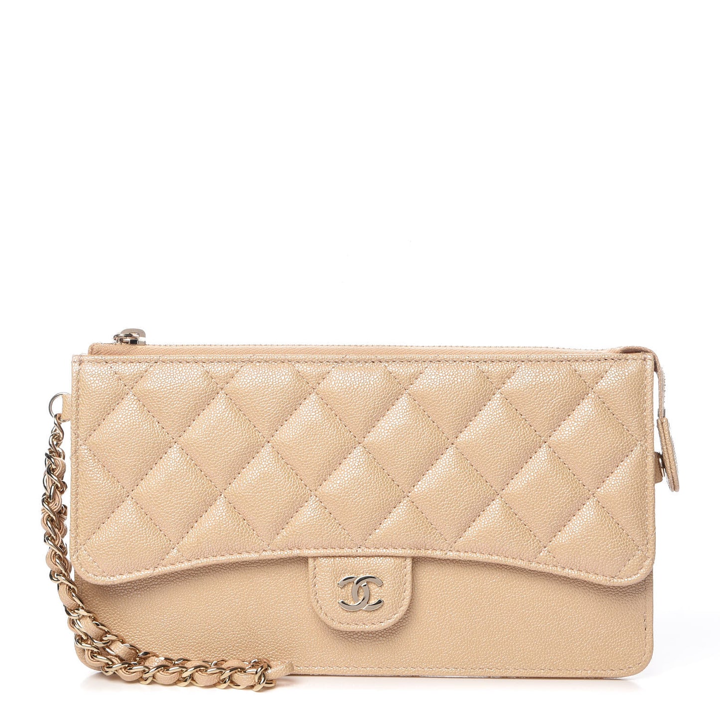 Iridescent Caviar Quilted Classic Pouch With Handle Beige