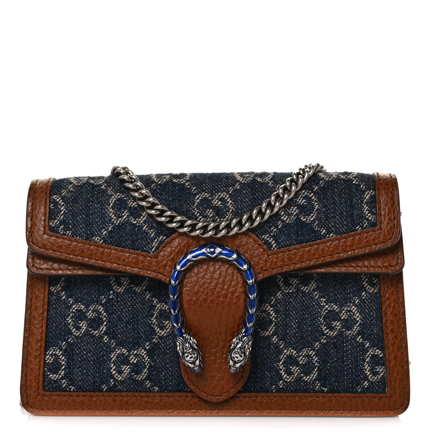 New Denim GG Monogram Dollar Calfskin Enamel Super Mini Dionysus Shoulder Bag Blue Tea Cuir Epilog Electric Blue