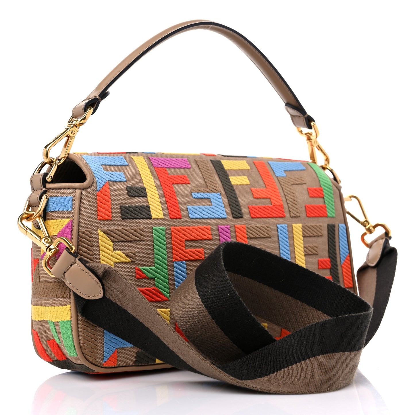 Canvas Vitello King FF Multicolor Embroidered Baguette Multicolor Cuoio