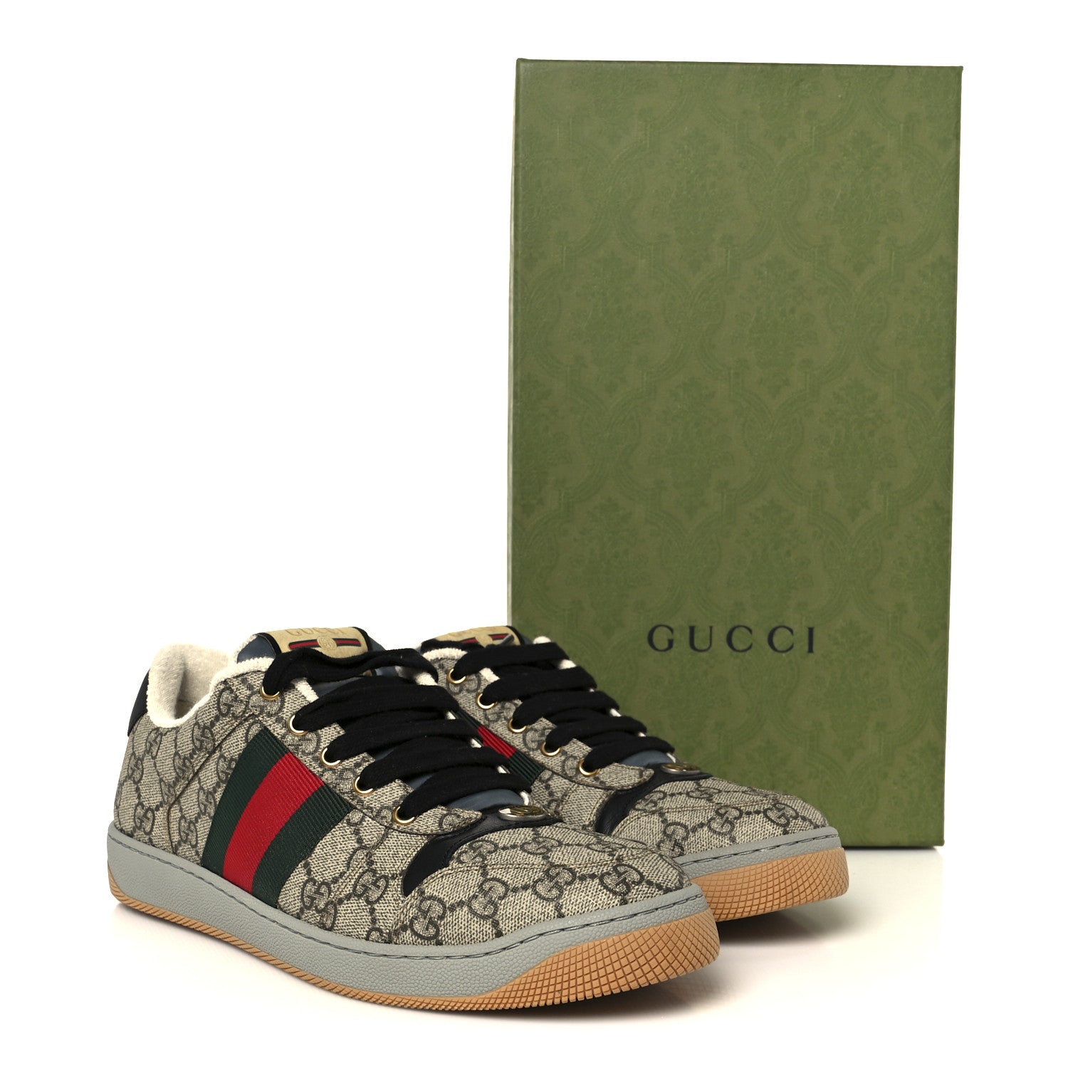Gucci GG Supereme Monogram Miro Soft Calfskin Web Mens Screener Sneakers 8.5 8.5 Beige Ebony Black New Platinum 11 of 11