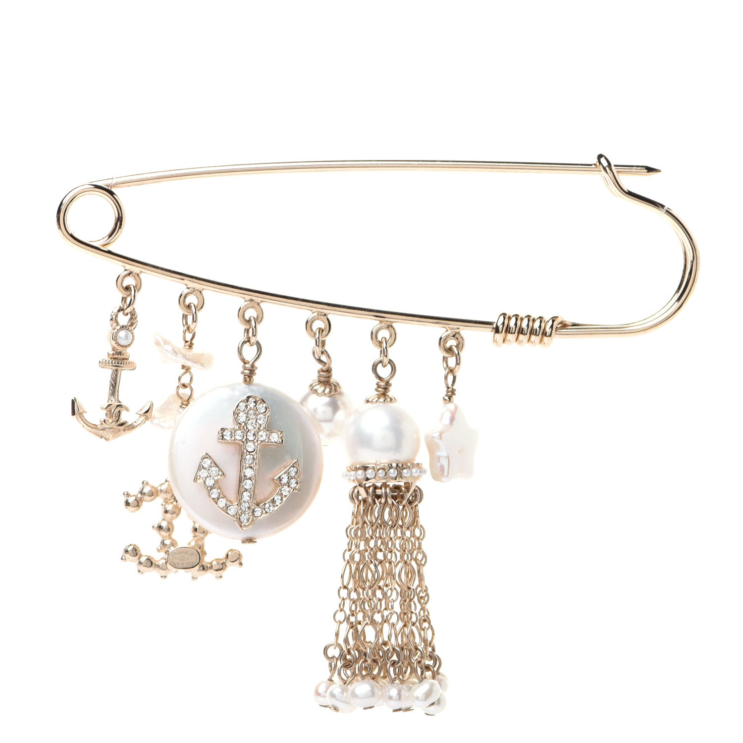 Chanel Pearl Crystal CC Charms Safety Pin Brooch Gold 1 of 4