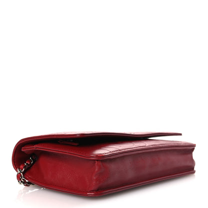 Chanel Lambskin Camellia Embossed Wallet on Chain WOC Red 4 of 14