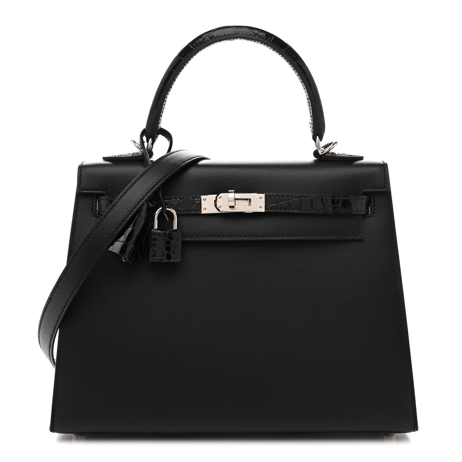 Hermes Madame Calfskin Shiny Niloticus Crocodile Kelly Sellier Touch 25 Black 1 of 14