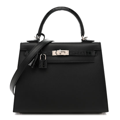 Hermes Madame Calfskin Shiny Niloticus Crocodile Kelly Sellier Touch 25 Black 1 of 14