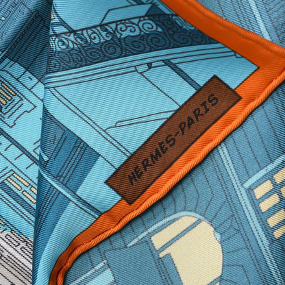 Hermes Silk Space Shopping Au Faubourg Pocket Square Scarf Bleu Orange Vert 3 of 7