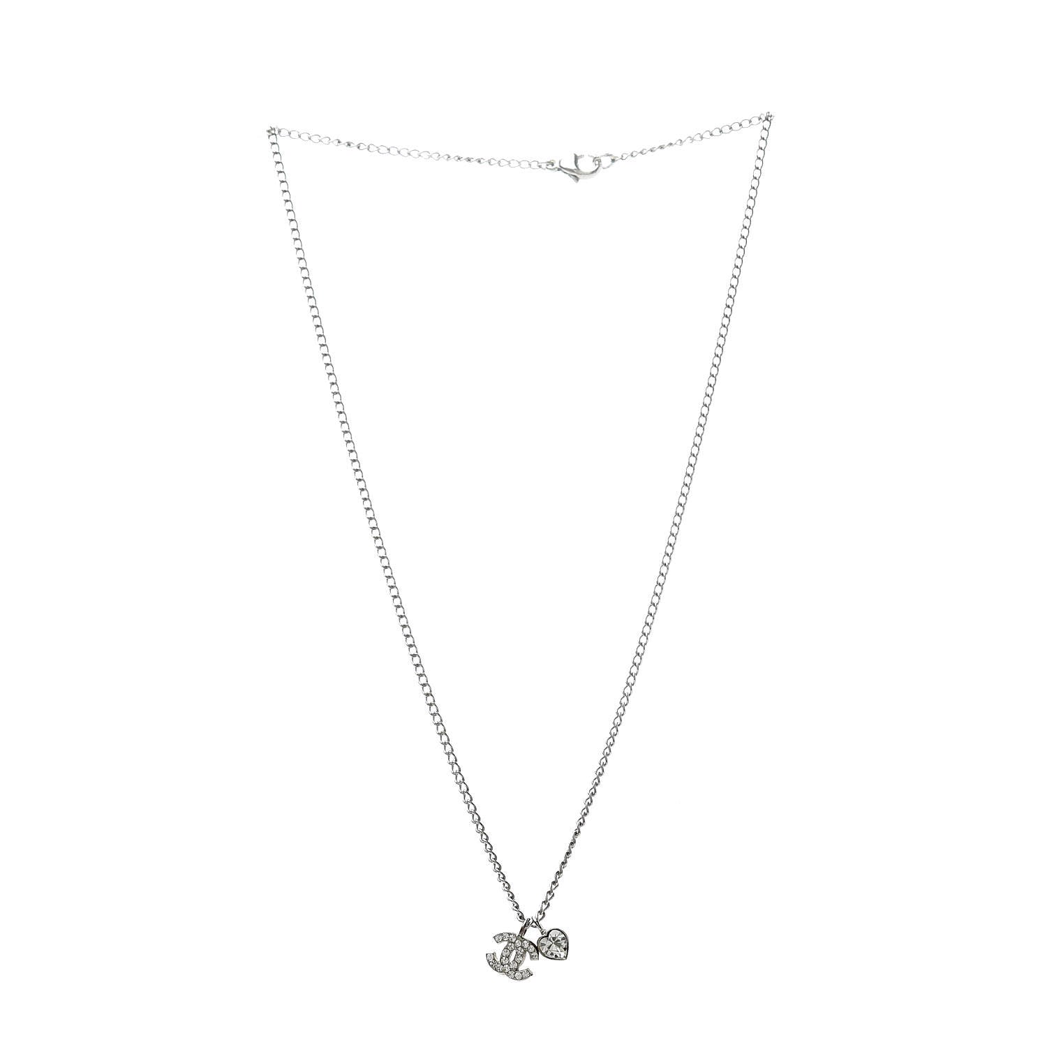 Chanel Crystal Mini Heart CC Necklace Silver 3 of 6