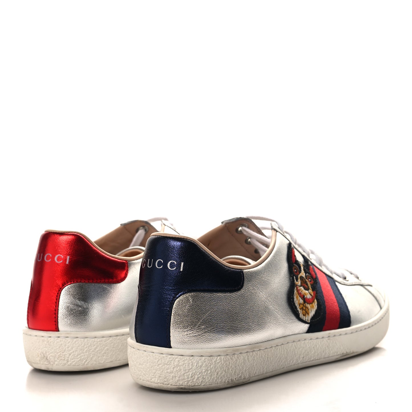 Metallic Nappa Silk Ayers Web Embroidered Womens Ace Sneakers 38 Silver