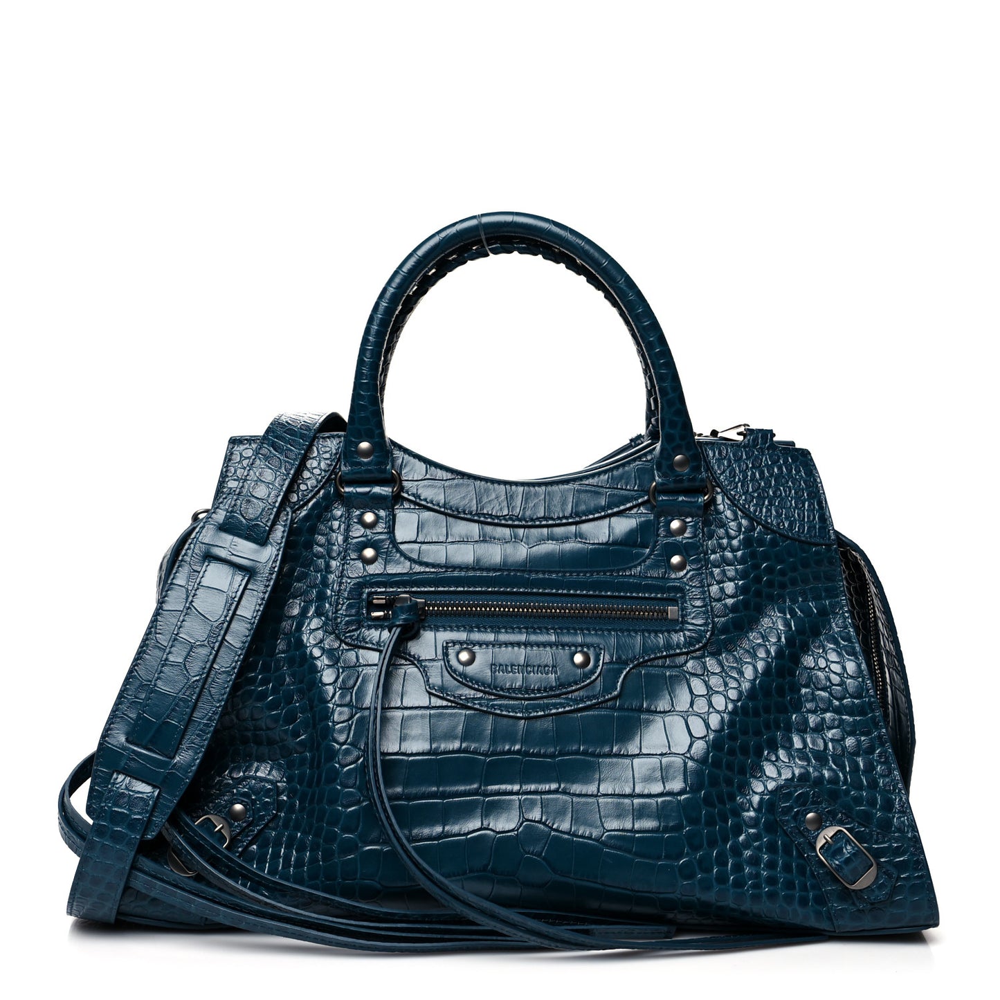 Calfskin Crocodile Embossed Neo Classic Silver Hardware Medium City Dark Petrol Blue