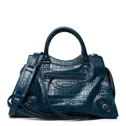Balenciaga Calfskin Crocodile Embossed Neo Classic Silver Hardware Medium City Dark Petrol Blue 1 of 9