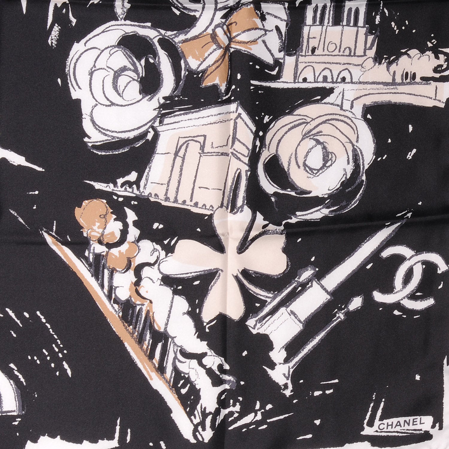 Chanel Silk Paris Scarf Black Beige 3 of 5