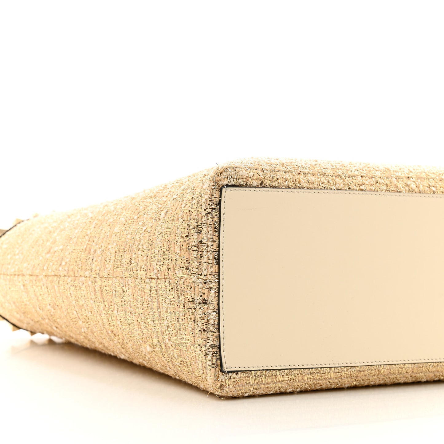 Metallic Boucle Raffia Calfskin Rockstud Shoulder Tote White Gold Ivory